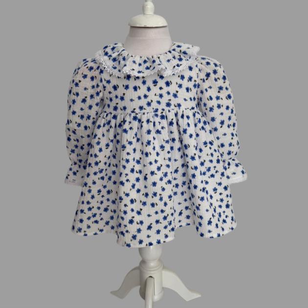 Rochiță cu Guler Volanat și Floricele Albastre