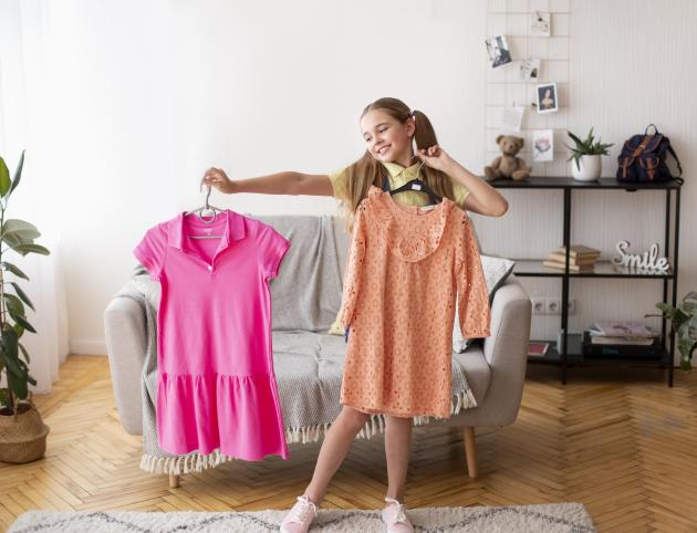 Choosing New Outfit. Cheerful female teenage holding two nice dresses at modern apartment